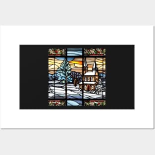 Stained glass panel of country church in Winter Posters and Art
